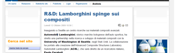 “R&D: Lamborghini Spinge Sui Compositi”, Polimerica, October 2009