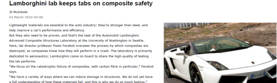 “Lamborghini lab keeps tabs on composite safety”, Metro, March 2010